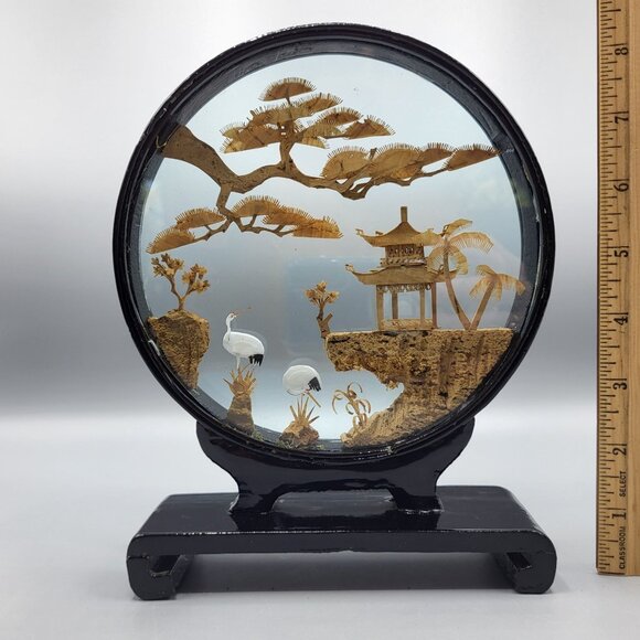 Vtg Chinese Hand Carved Cork Diorama Cranes Black Lacquer Art Stand 8.5" x 6.25" - Picture 11 of 13